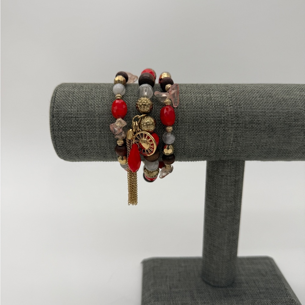 Fall Fashion Time n True Red Faced Coral Glass Bead Stretch Bracelet Set Of 3 OS